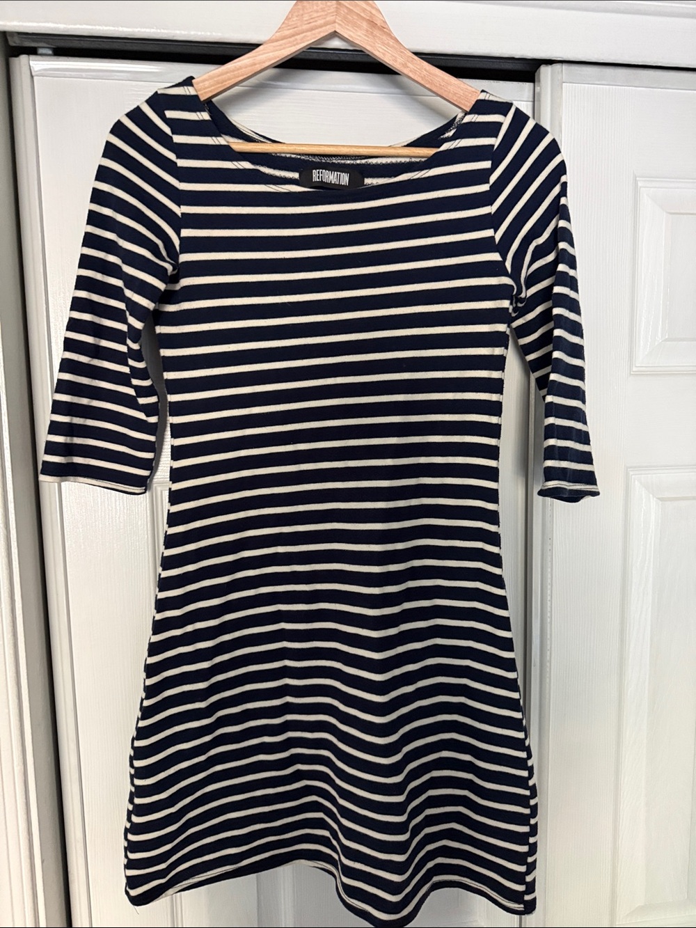 Reformation Navy and Cream Striped Mini Boatneck Dress